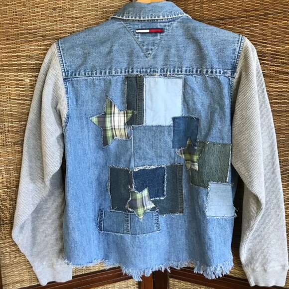 Upcycled Jean Jacket, M: Denim & Flannel Star Patchwork, Waffle Knit Sleeves - Picture 9 of 12